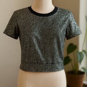 J.Papa Medium Black Silver Sequin Short Sleeve Crop Top – Statement Party Shirt